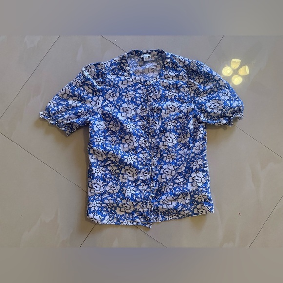 J Crew Linen-cotton blend ruffle top with puff sleeves  White/ Floral Summer XS - Picture 15 of 16